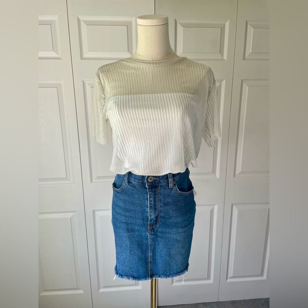 Zara sheer white with silver stripe top size M